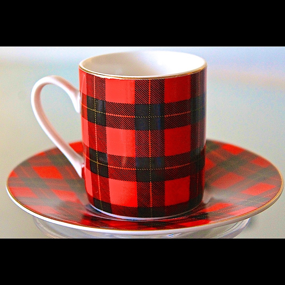 GRACES TEAWARE RED PLAID DEMITASSE SET PORCELAIN